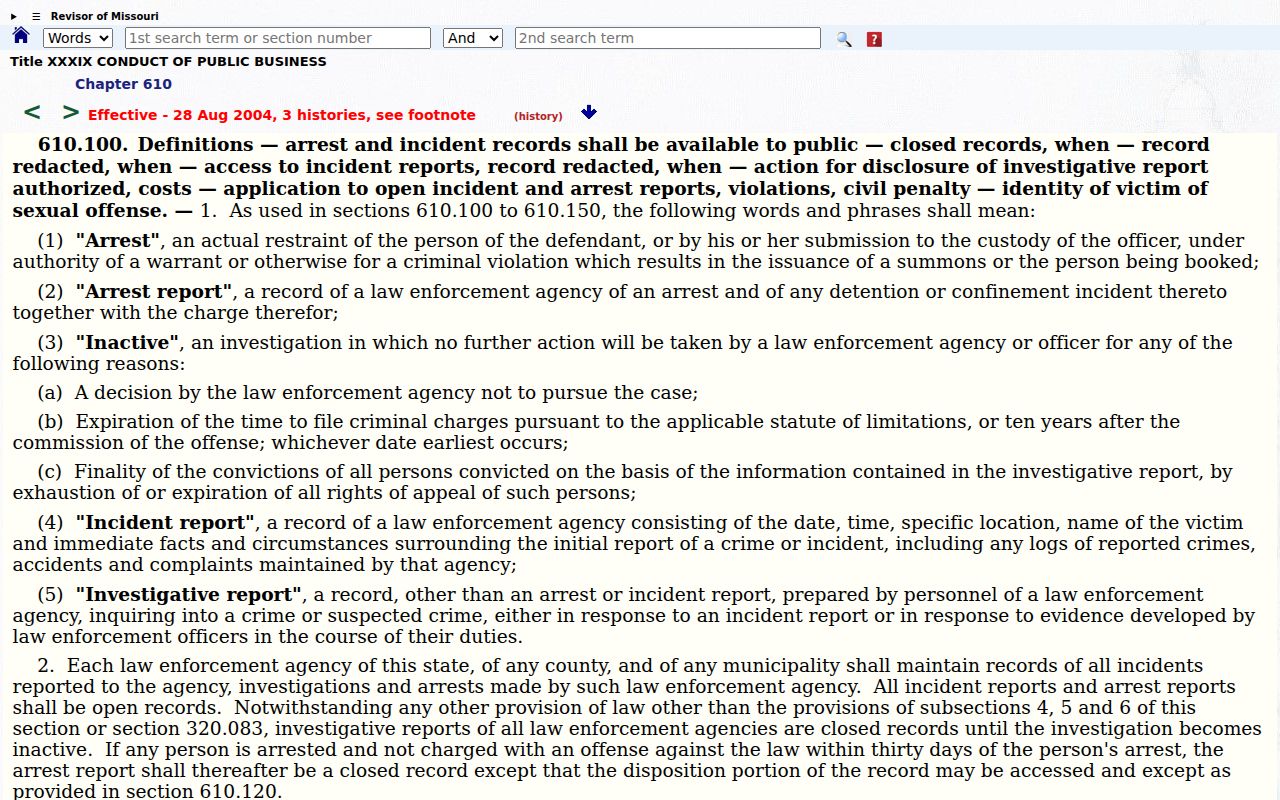 Missouri arrest and investigative record access statute