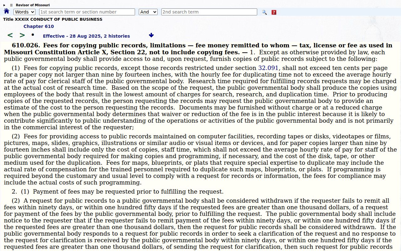 Missouri Sunshine Law records fee section