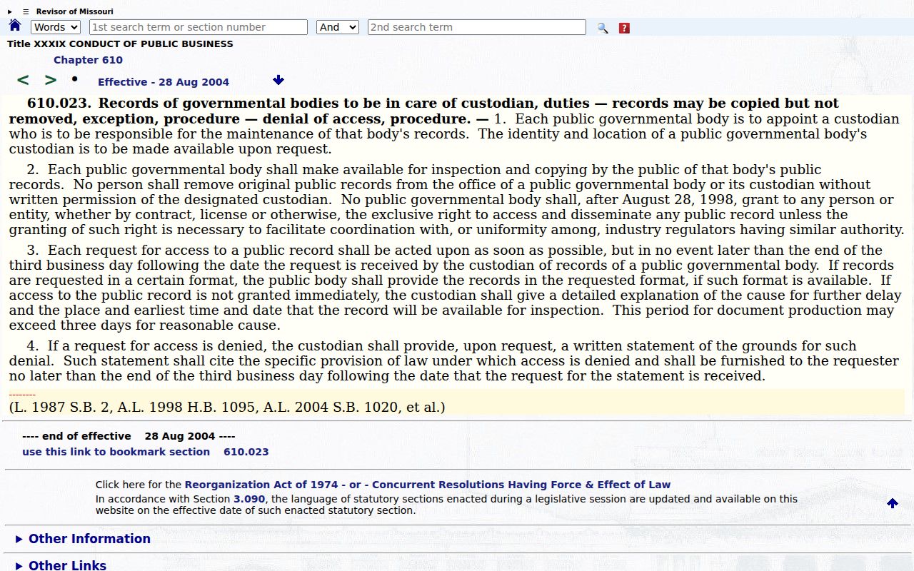 Missouri Sunshine Law custodian and response rule
