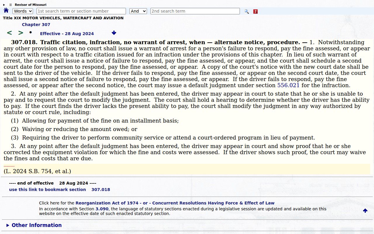Missouri traffic infraction warrant statute
