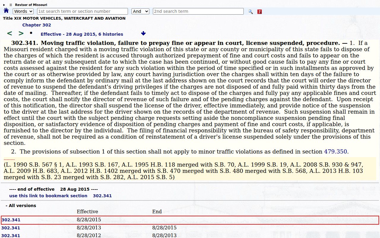 Missouri moving violation notice and compliance statute