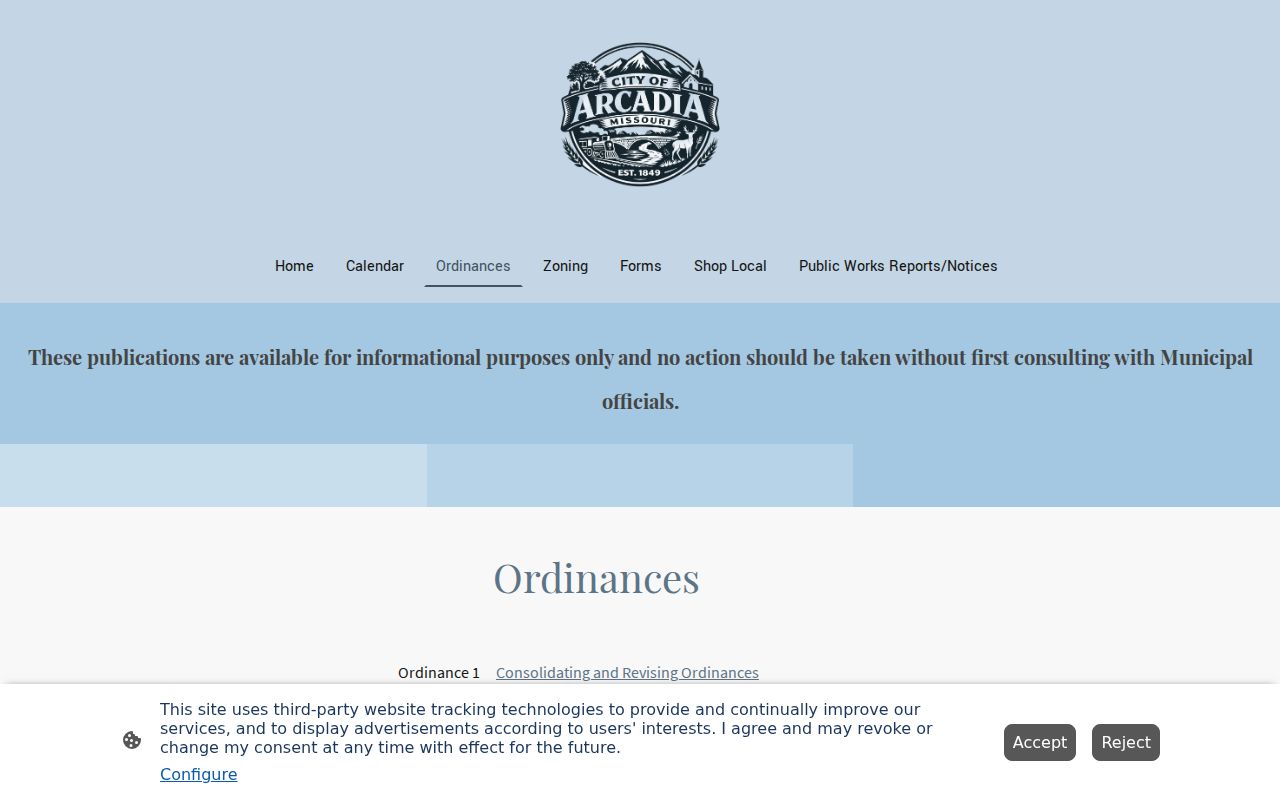 Arcadia official ordinances page