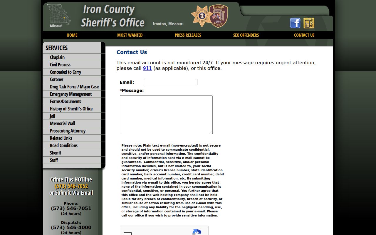 Iron County Sheriff contact page